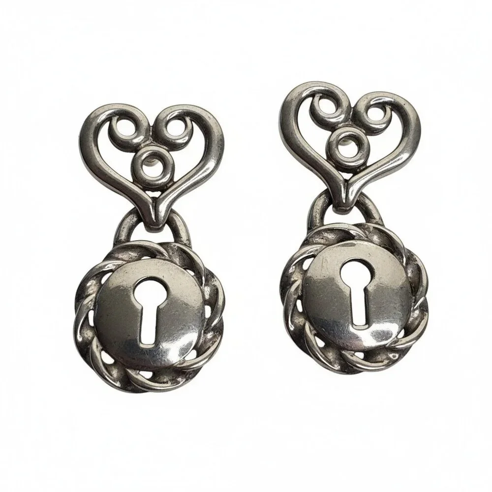 Signed Givenchy Paris NY Padlock Heart Drop Pierced Earrings DoorKnocker Vintage - Picture 2 of 9